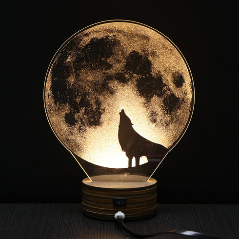 LED Table Lamp Jubapoz 3D Illusion Night Light Desk Lamp USB 3D Illusion Lamp, Acrylic Creative Toys Decorations, Warm White (Wolf)