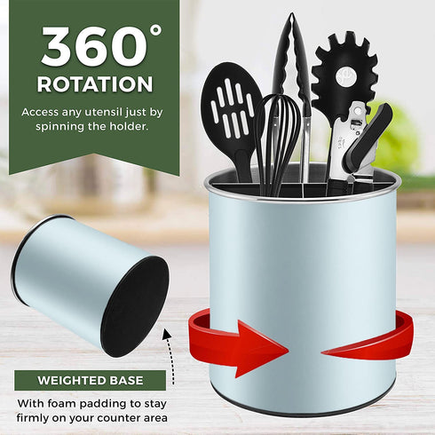 Bartnelli Extra Large Stainless Steel Kitchen Utensil Holder - 360° Rotating Utensil Caddy - Weighted Base for Stability - Utensil Countertop Organizer Crock With Removable Divider for Easy Cleaning (Blue Velvet)