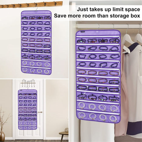 ANZORG 80 Zippered Pockets Hanging Jewelry Organizer for Holding Jewelries Dual-Sided Accessory Display Holder for Earrings Bracelets Rings (80 Zippered Pockets-Purple)