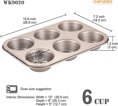 CHEFMADE Muffin Cake Pan, 6-Cavity Non-Stick Cupcake Pan Bakeware for Oven Baking (Champagne Gold)