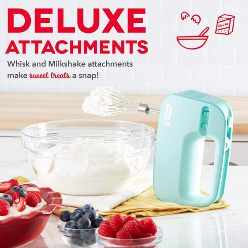 Dash SmartStore Deluxe Compact Electric Hand Mixer + Whisk and Milkshake Attachment for Whipping, Mixing Cookies, Brownies, Cakes, Dough, Batters, Meringues & More, 3 Speed, 150-Watt Aqua