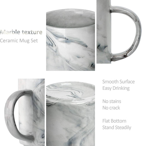12 oz Coffee Mugs, Harebe Stackable Novelty Marble Ceramic Cup for Men Women Boy Girl Lover, Family Mug Set of 4, Gray