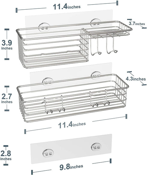 SMARTAKE 2-Pack Shower Caddy, Combined Bathroom Shelf with Soap Dish and Hooks for Hanging Razor Brush Sponge, Wall Mounted Rustproof Basket with Adhesive, No Drilling, 304 Stainless Steel, Silver