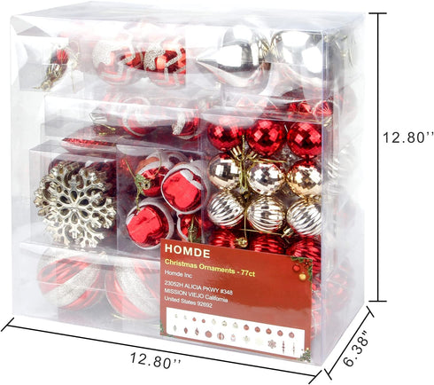Homde Christmas Balls Ornaments 77ct (5.12inch -1.57inch) Includes Santa Claus Snowflakes for Xmas Tree Shatterproof Christmas Tree Decorations with Hanging Rope (Red & Gold) - Decoway Series