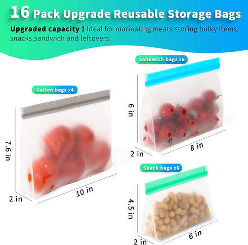 Reusable storage bags, Stand Up Reusable Freezer Bags, Reusable Sandwich Bags, Reusable Snack Bags, Reusable Gallon Bags, Reusable Food Storage Bags Silicone (16 Pack - 4 Gallon 6 Sandwich 6 Snack)