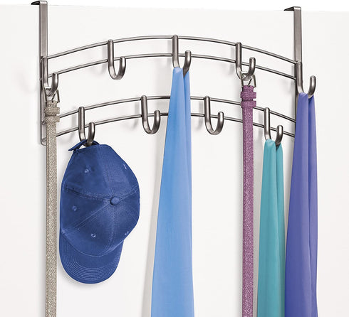 Lynk Over Door 9 Hook Rack Shirt, Belt, Hat, Coat, Towel Organizer, Platinum