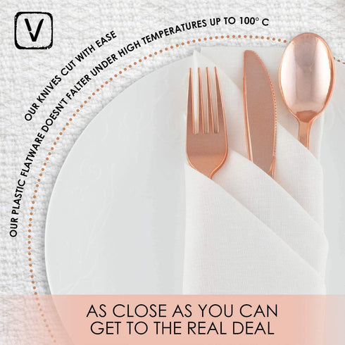 150 pcs Sturdy Rose Gold Silverware Set| Rose Gold Plastic Silverware for Black Tie Events, Wedding Receptions & Parties| Rose Gold Forks, Knives & Spoons| Disposable Rose Gold Cutlery With No Cleanup