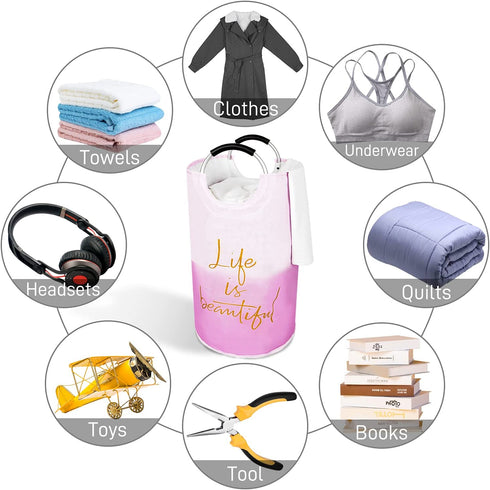 Laundry Basket, Roiroiko Waterproof 82L Large Collapsible Fabric Laundry Hamper, Foldable Clothes Storage Washing Bag Washing Bin with Alloy Handles for College Bathroom Travel (life pink)