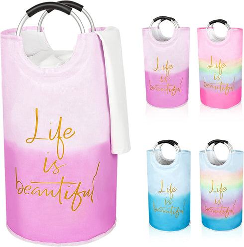 Laundry Basket, Roiroiko Waterproof 82L Large Collapsible Fabric Laundry Hamper, Foldable Clothes Storage Washing Bag Washing Bin with Alloy Handles for College Bathroom Travel (life pink)