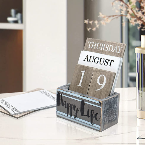 Gaobei Perpetual Calendar Wooden Calendar Blocks Vintage Wood Block Calendar for Home Office Desk Accessories Week Month Date Display (Happy Life)
