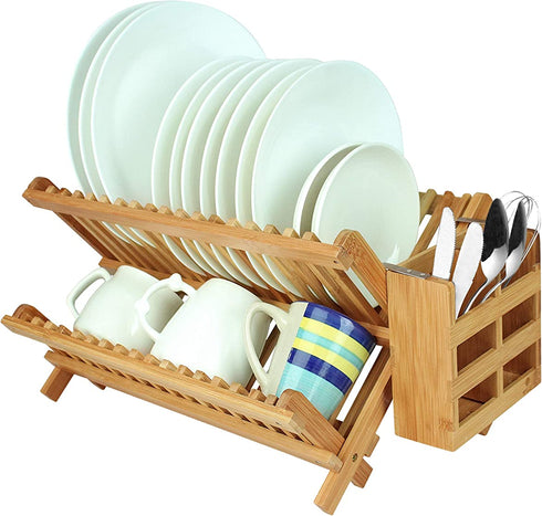 IFELES Bamboo Dish Drying Rack/Utensil Dish Drainer | Collapsible Foldable Dish Drainer | for Big Plates, Cups, Mugs, Utensils | 18 Slits | Eco-Friendly | Large 2-Tier Double Sided