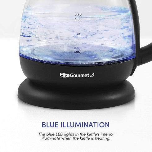 Elite Gourmet EKT1001B Electric BPA-Free Glass Kettle, Cordless 360° Base, Stylish Blue LED Interior, Handy Auto Shut-Off Function Quickly Boil Water for Tea & More, 1L, Graphite Black
