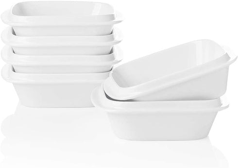 SWEEJAR Porcelain 10oz Square Ramekins with Handle for Baking, Souffle Dishes, Sauce Dishes, Dipping Bowls Stacked for Kitchen Cabinet Set of 6(White)