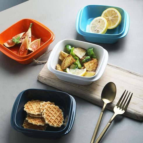 SWEEJAR Porcelain 10oz Square Ramekins with Handle for Baking, Souffle Dishes, Sauce Dishes, Dipping Bowls Stacked for Kitchen Cabinet Set of 6(White)