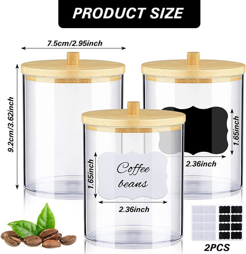6 Pack Acrylic Qtip Holder Dispenser Bathroom Jars Set Round Pad Holder with Bamboo Lid Clear Plastic Stackable Ball Storage Container with 2 Pieces Removable Sticker Label for Bathroom Accessories