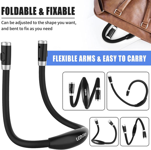 Neck Reading Light USB Rechargeable - LEDGLE Book Light for Reading in Bed with 4 LED 3 Brightness Levels 2 Flexible Soft Silicone Arms - Hands Free Lamp for Reading Knitting Craft Camping Repairing