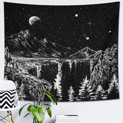 DESIHOM Starry Night Tapestry Mountain Tapestry Moon and Stars Tapestry Black and White Wall Tapestry for Bedroom Living Room Dorm Decor 70.9x92.5 Inch