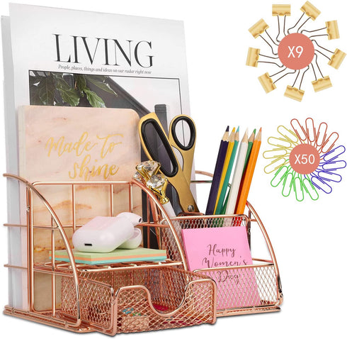 Rose Gold Desk Organizer for Women - Wayin Upgraded Mesh Office Supplies Desk Accessories with 6 Compartments + Sliding Drawer and 50 Paper Clips & 9 Binder Clips for for Home School Office Desktop