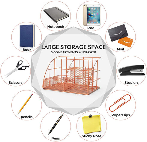 Rose Gold Desk Organizer for Women - Wayin Upgraded Mesh Office Supplies Desk Accessories with 6 Compartments + Sliding Drawer and 50 Paper Clips & 9 Binder Clips for for Home School Office Desktop