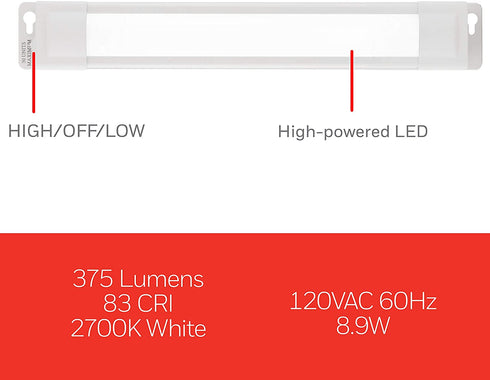 UltraPro 12in. Linkable LED Light Fixture, Selectable Brightness, Slim LED Strip Light, Under Cabinet Lighting, Kitchen Light, HI/OFF/LOW Switch, 44105 White