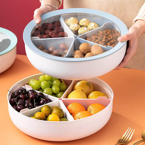 Kingrol 11 Inch Plastic Candy and Nut Serving Container, Divided Serving Tray with Clear Airtight Lid, 5 Compartment Serving Platter for Snack, Nut, Fruit, Veggie, Taco