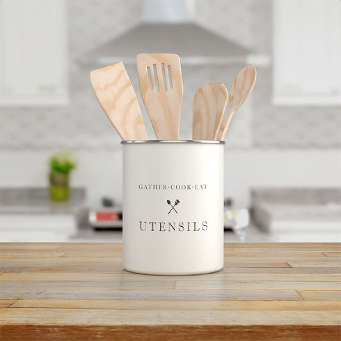 Barnyard Designs Metal White Kitchen Utensil Holder for Kitchen Counter, Rustic Farmhouse Utensil Holder for Countertop Decor, Country Kitchen Spatula Holder, Large Decorative Cooking Holder Organizer