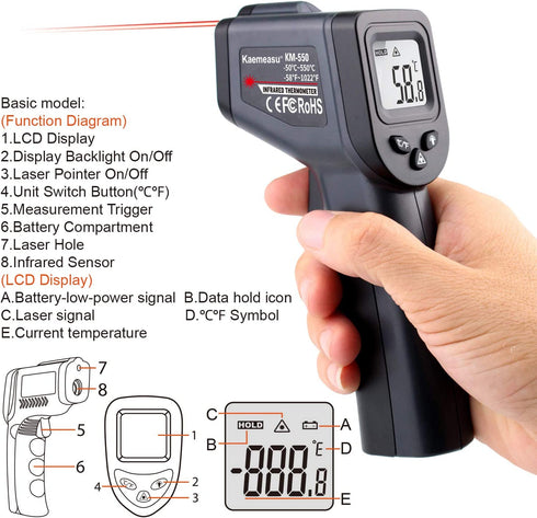 Kaemeasu Digital Infrared Thermometer -58„‰-1022„‰ (-50„ƒ to 550„ƒ) High Precision Handheld Non-Contact Electronic Thermometer Pyrometer IR Laser Point Gun KM-550