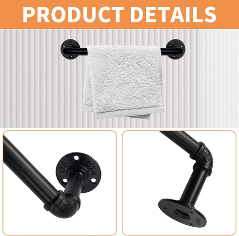 Industrial Pipe Towel Bar 18 Inch, Pipe Towel Rack 18 Inch,Towel Horse, Bath Towel Holder,Wall Mounted DIY Style,Black Epoxy Coated Finish