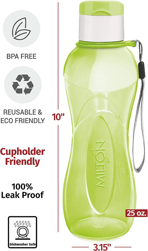 Sports Water Bottle - Milton Kids Reusable Leakproof 25 Oz 4-pack Plastic Wide Mouth Large Big Drink Bottle BPA & Leak Free With Handle Strap Carrier For Cycling Camping Hiking Gym Yoga