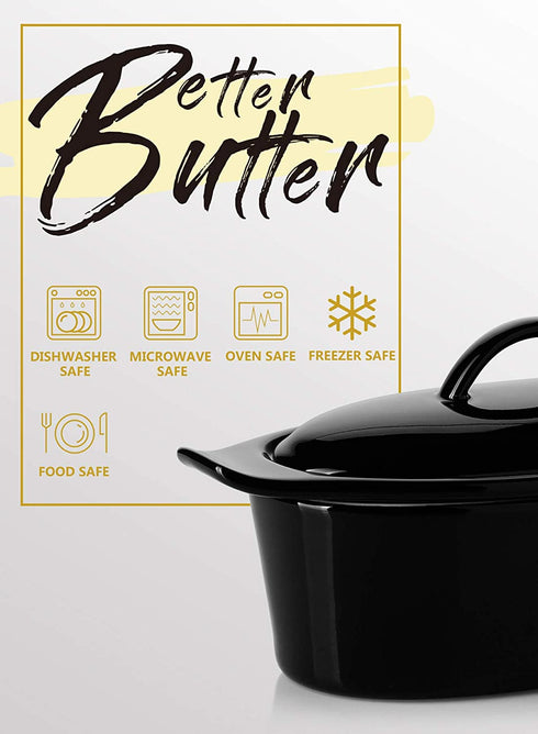 Butter Boat, French Butter Dish with Water, Porcelain - Fresh Soft Butter without Refrigeration, Black - Better Butter & Beyond