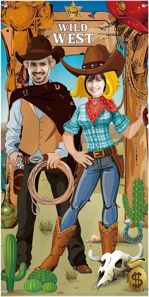 Western Party Decorations Cowboy Party Decorations West Cowboy Photo Booth Props, Large Fabric West Cowboy Photo Door Banner Background, Funny Western Games Supplies, 6 x 3 ft