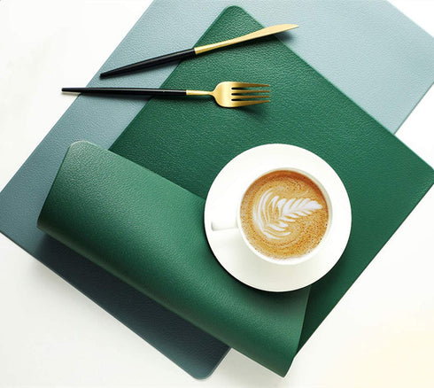 Leather Washable Placemats,Green Thick Faux Leather Heat Resistant Rectangle Table Mats,Waterproof Non-Slip Easy to Clean Placemats for Kitchen Coffee Dining Room Table Set of 6