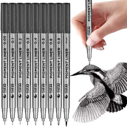 MUJINHUA Precision Micro-Line Pens, Set of 9 Black Micro-Pen Fineliner Ink Pens, Waterproof Archival Ink, Multiliner, Calligraphy, Sketching, Anime, Illustration, Technical Drawing, Office Documents