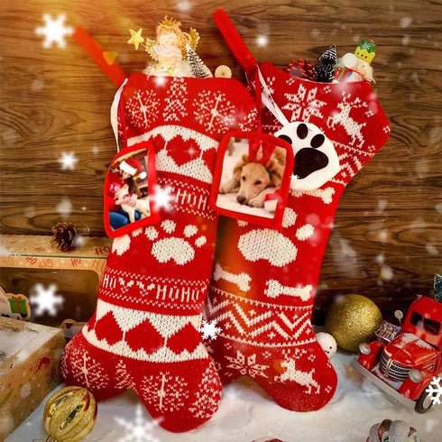 OurWarm 2Pcs Dog Christmas Stockings, Red Knit Dog Stockings with Picture Frame, Large Bone Shape Pet Stockings for Dogs Christmas Holiday Decoration