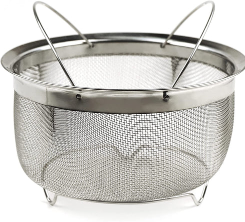 RSVP International Mesh Colander Strainer Basket with Folding Handles, 3 Quarts | For Pasta, Frying, & Salads | Dishwasher Safe | Use in Pressure Cookers | Steaming, Draining & Rinsing