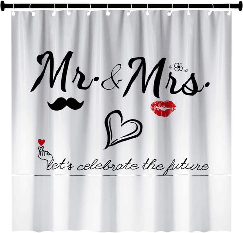 Mr Mrs Shower Curtain for Lover Couples Wedding Bridal Bathroom, Fabric Bath Decor Curtain Set with Hooks 71X71 Inches (Black and White)