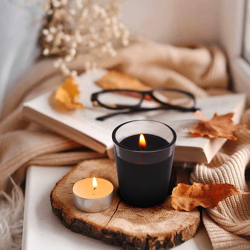 Votive Candles in Small Glass 12 Packs Unscented Black Soy Wax Candles for Dinner Wedding Halloween Holiday