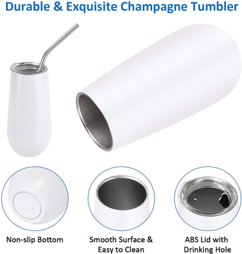 6 Pack Stemless Double Insulated Champagne Flute Tumbler with Lid, 6 Oz Unbreakable Reusable Cocktail Champagne Toasting Glasses, Good Gift for Friends Family Christmas Birthday, White