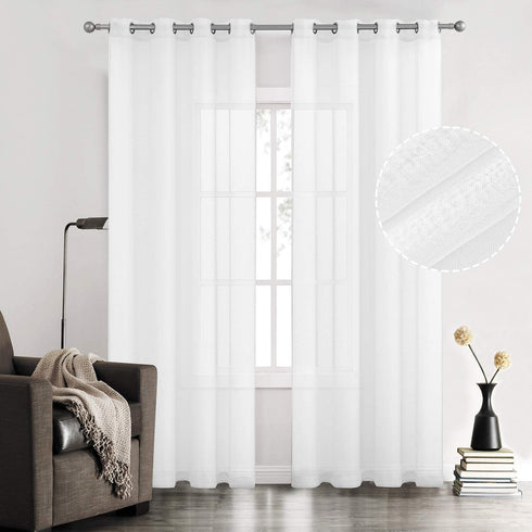 White Semi Linen Look Sheer Curtains for Bedroom, Living Room Grommet Light Filtering Solid Voile Window Curtains, Set of 2 Panels, 52 x 84 inch