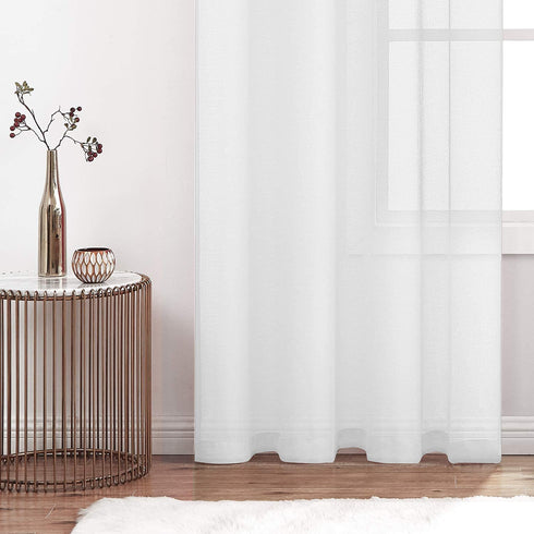 White Semi Linen Look Sheer Curtains for Bedroom, Living Room Grommet Light Filtering Solid Voile Window Curtains, Set of 2 Panels, 52 x 84 inch
