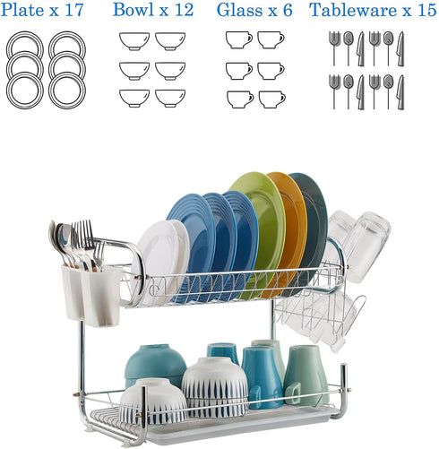 Dish Drying Rack 2 Tier, Kitchen Dish Rack with Drainboard, NATUROUS