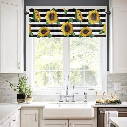 Sunflowers Valance Curtain for Windows, Farmhouse Black Stripes 54x18in Privacy Panel Rod Pocket Window Treatment Set, Summer Rural Sunflower Short Valances for Bathroom Kitchen Bedroom(1Pcs)