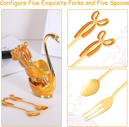 Gusnilo 11PCS Coffee Spoon Dessert Fork Dinnerware Set,Swan Base Holder with 5 Forks and 5 Spoons Metal Creative Dinnerware Set Mini Dessert Spoons Use for Dessert Shop Home Cafe(Yellow,Swan)