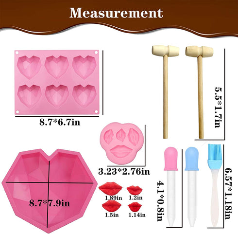 Big and Mini Breakable Heart Molds Chocolate Molds Silicone, Diamond Heart Cake Molds for Baking with Hammers, Popsicle Ice Cream Mold, Letter Number Spoon, Lip Fondant Molds (Red, 62pcs)