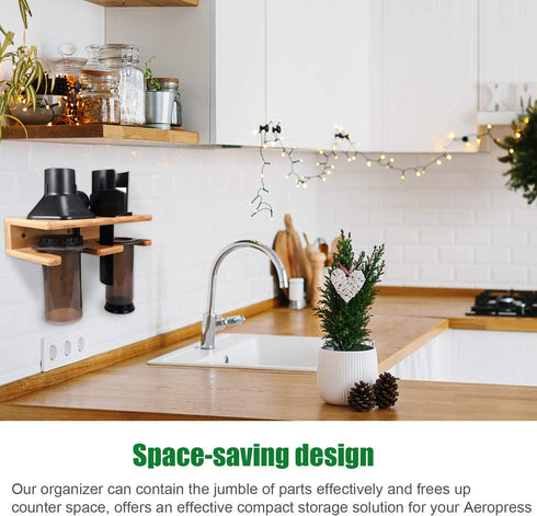 Space Saving Organizer Wall Mount for Aeropress set, Polished Bamboo