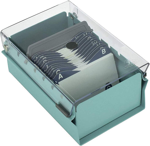 Acrimet Index Business Card Size File Holder Organizer Metal Base Heavy Duty (AZ Index Cards and Divider Included) (Green Color with Clear Crystal Plastic Lid Cover)