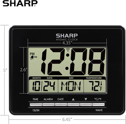 Sharp Atomic Desktop Clock Auto Set Digital Alarm Clock - Atomic Accuracy - Easy to Read Screen with Time/Date/Temperature Display- Perfect for Nightstand or Desk