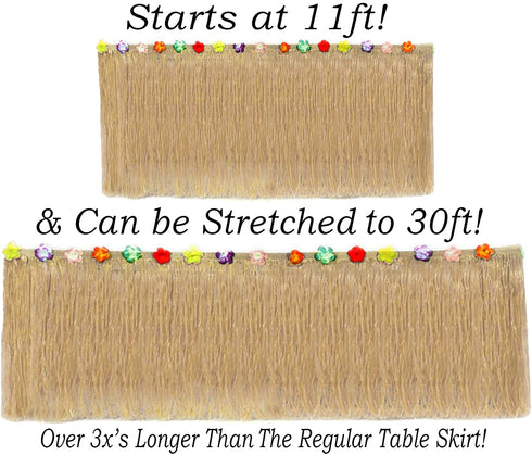 Hawaiian Table Skirt 11ft Long Stretches to 30ft! | (29" Tall) Brown Grass Table Skirts | Hibiscus Luau Party Decoration | Tropical Theme Decor (1 Table Skirt )