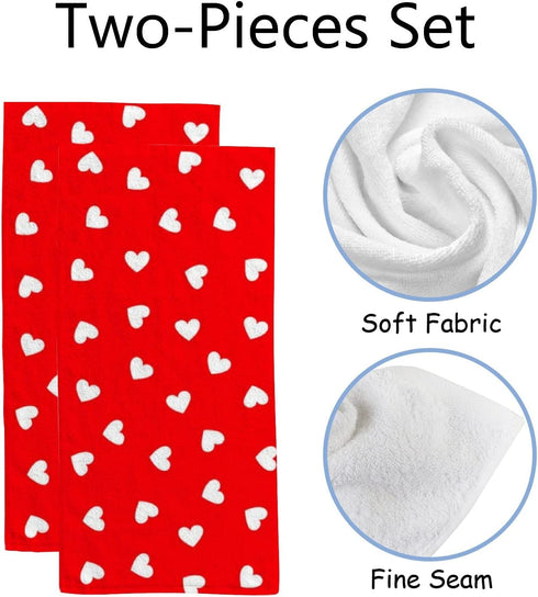 Vantaso Bath Hand Towels Set of 2 Valentine's Day Love Heart Red White Soft and Absorbent Washcloths Kitchen Hand Towel for Bathroom Hotel Gym Spa