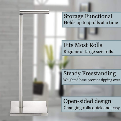 Toilet Paper Holder Stand with Reserve, Stainless Steel Tissue Roll Holder Free Standing for Bathroom